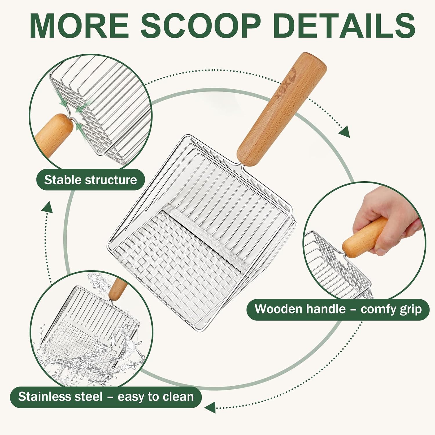 Cat Litter Scoop with Holder, Heavy Duty Litter Sifter, Stainless Steel Litter Shovel, Litter Scooper with Beech Wood