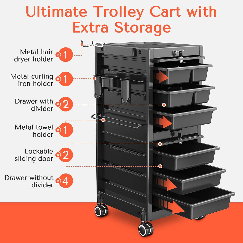 Lockable Salon Trolley, 6-Drawer Rolling Beauty Cart with Tool Holders, Mobile Hair Stylist Station with Locking