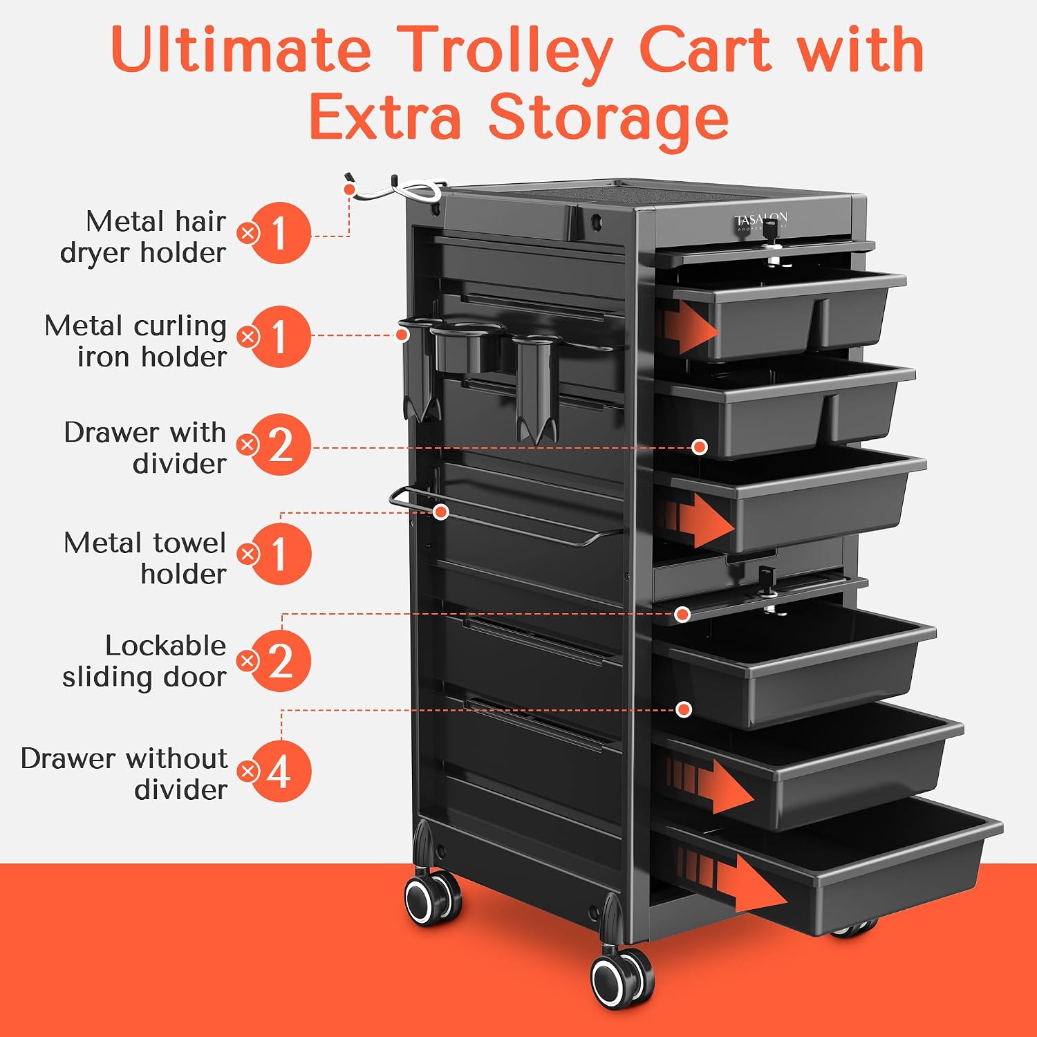 Lockable Salon Trolley, 6-Drawer Rolling Beauty Cart with Tool Holders, Mobile Hair Stylist Station with Locking