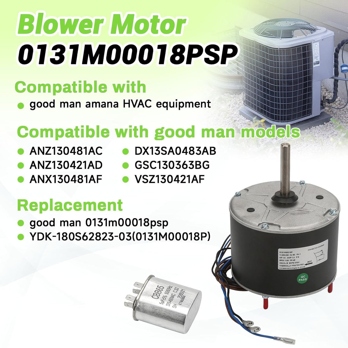 0131M00018P Condenser Fan Motor Replacement for Goodman