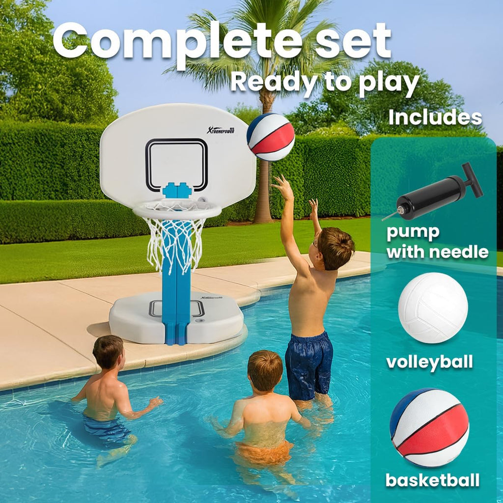 2-in-1 Pool Volleyball Net & Basketball Hoop Combo Splash Game Set for Swimming Pool Basketball & Volleyball, HDPE