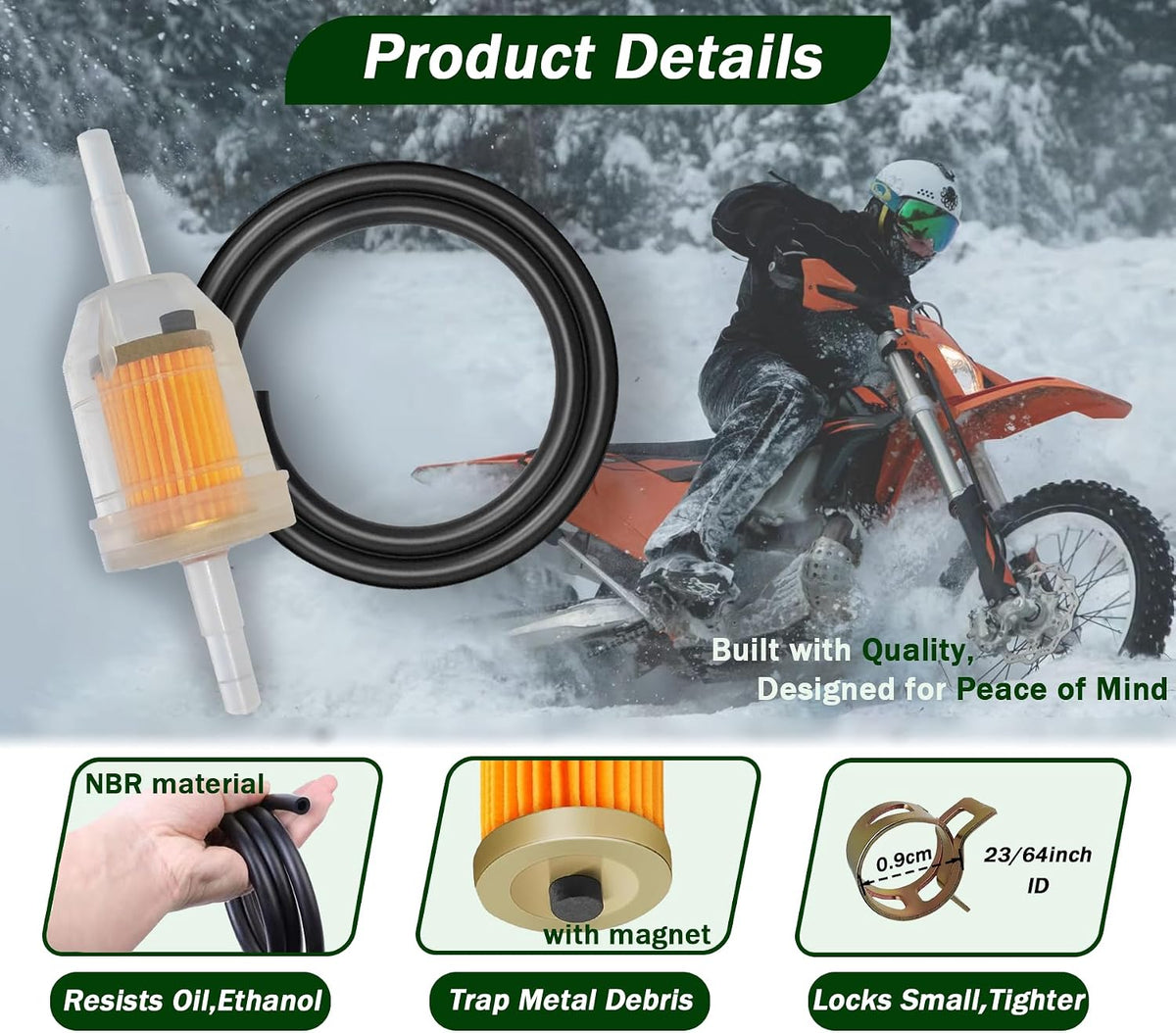 Universal 1/4 Fuel Line Kit, 3.3 Feet with 2 Magnetic Inline Fuel Filters, 8 Hose Clamps, for Small Engines