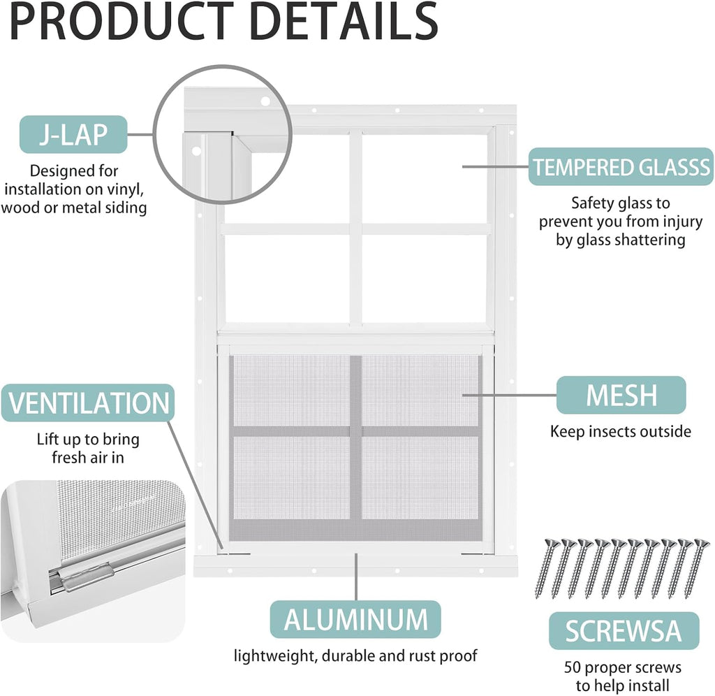 2 Pack 14'' x 21'' Shed Window White, Sliding Glass with Screen