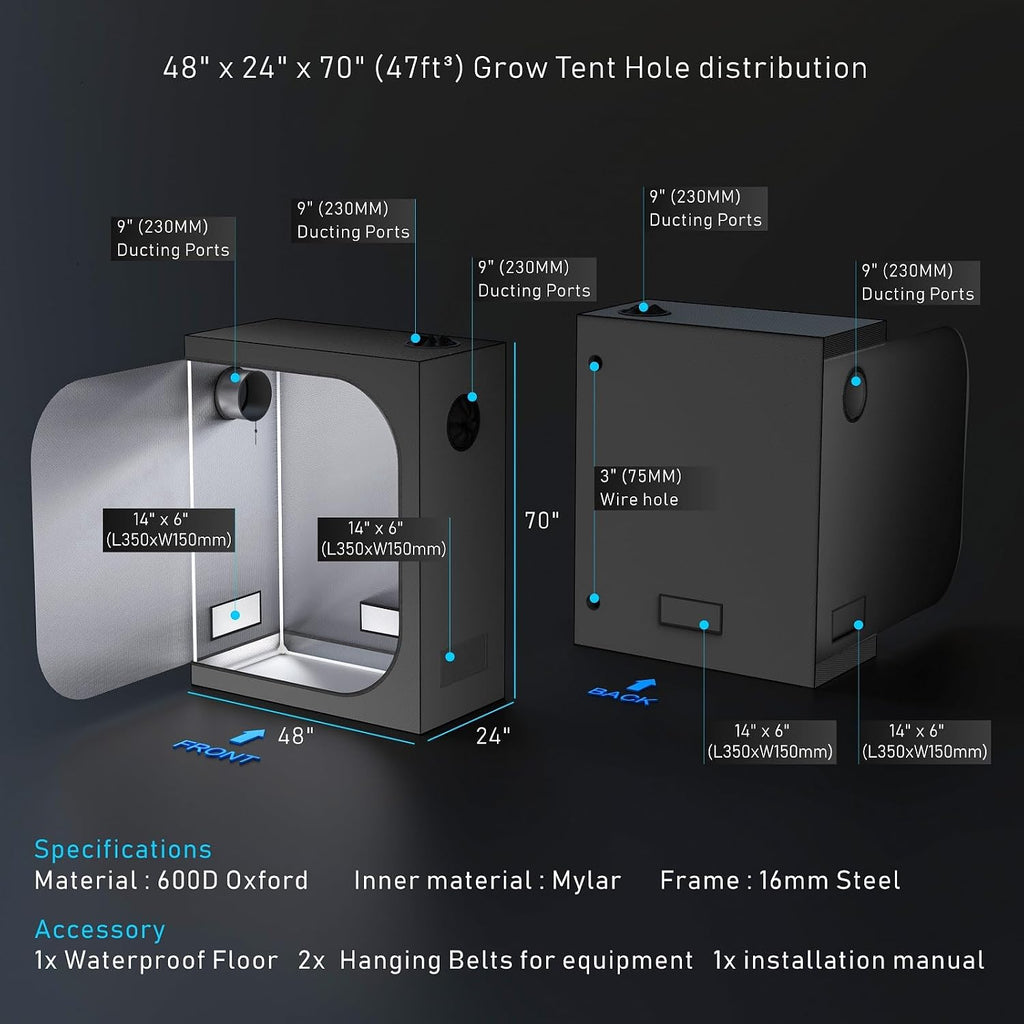Hydroponics 48"X24"X72" Indoor Grow Tent Diamond Reflective Mylar 4'X2' Grow Tents House Dark Room with Floor Tray