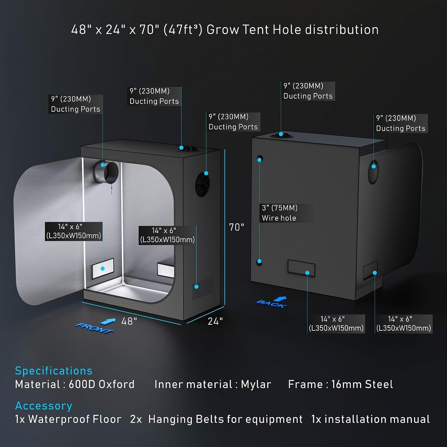 Hydroponics 48"X24"X72" Indoor Grow Tent Diamond Reflective Mylar 4'X2' Grow Tents House Dark Room with Floor Tray