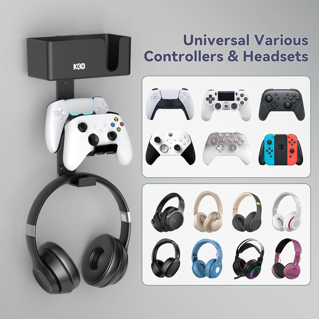 4-in-1 Wall Mount Controller Holder - Dual Game Controller and Headphone Hanger with Anti-Slip Pads for Xbox ONE/X