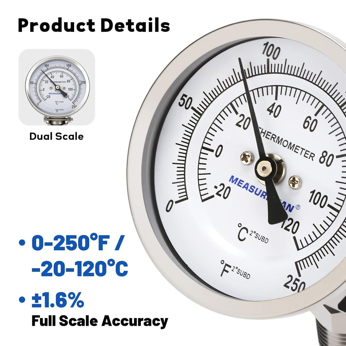 MEASUREMAN 3 Inch Multi-Angle Bimetal Thermometer, 0-250°F, 1/2" NPT