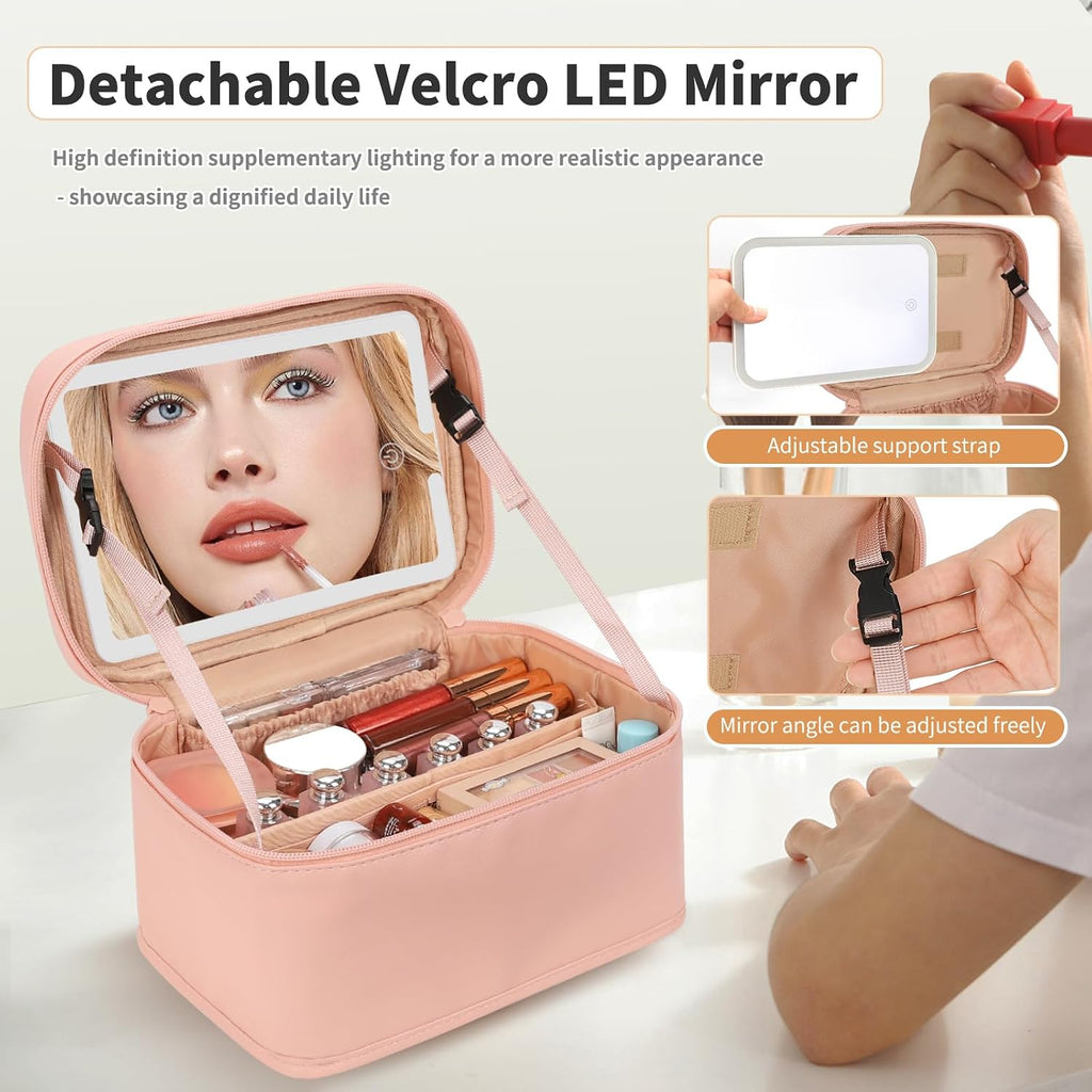 Makeup Bag With LED Mirror, Lightweight Travel Makeup Bag With 3 Color Setting Light Up Mirror Cosmetic Makeup