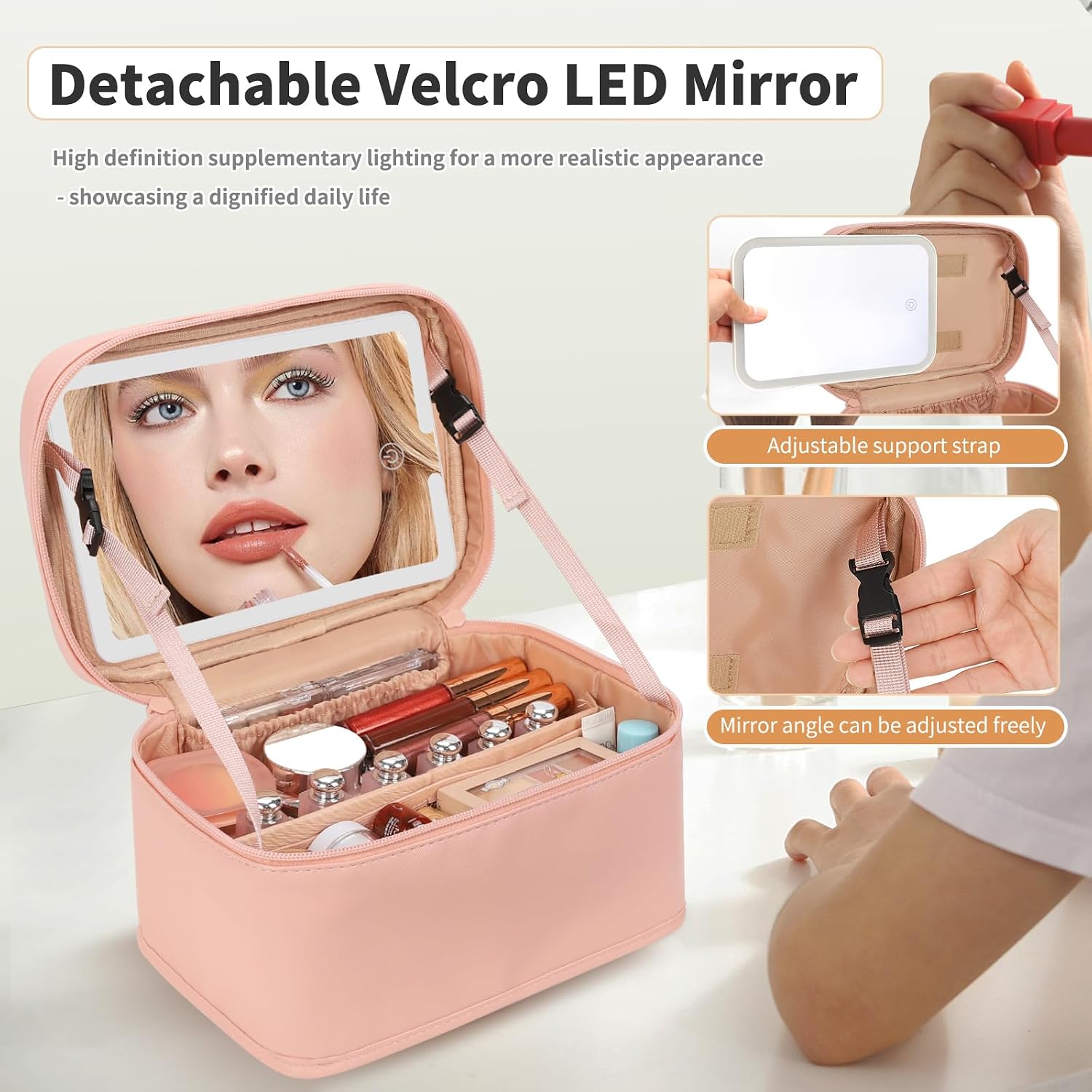 Makeup Bag With LED Mirror, Lightweight Travel Makeup Bag With 3 Color Setting Light Up Mirror Cosmetic Makeup