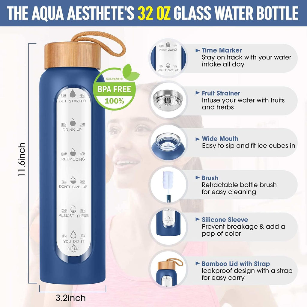 Glass Water Bottles 32 Oz with Silicone Sleeve - BPA Free Reusable Wide Mouth Glass Motivational Water Bottles with