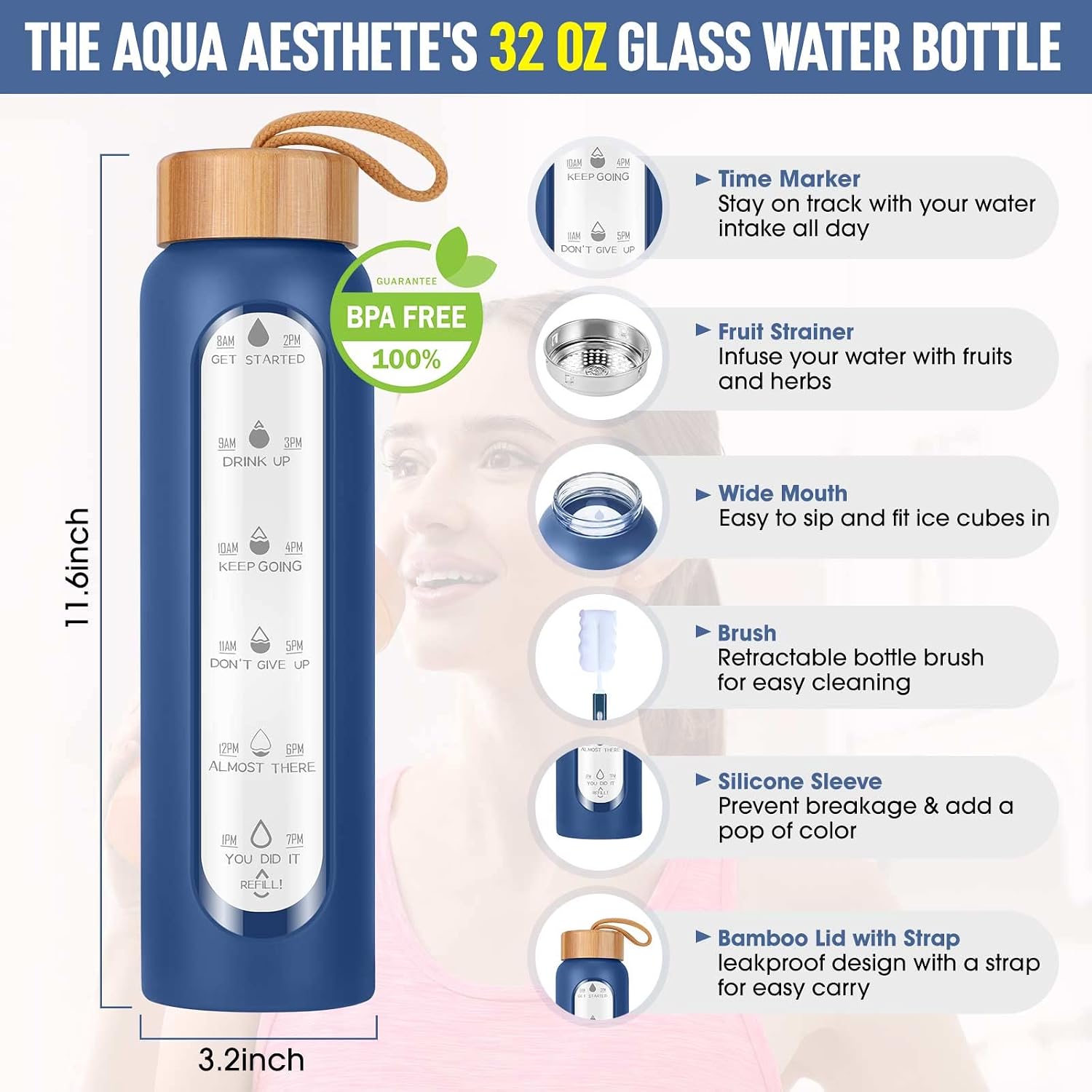 Glass Water Bottles 32 Oz with Silicone Sleeve - BPA Free Reusable Wide Mouth Glass Motivational Water Bottles with