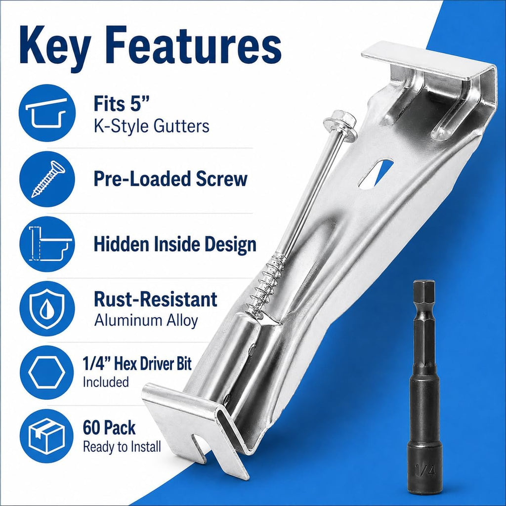 5Inch Gutter Hangers with Pre-Inserted Quick Screw Gutter Brackets(60PCS)