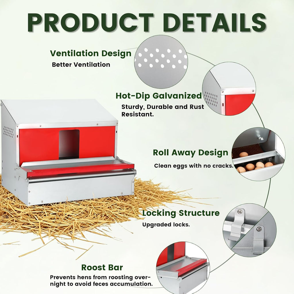 Chicken Nesting Box, Metal Chicken Laying Box with Roll Away Egg Collection, Reversible Wall Mountable Chicken Coop