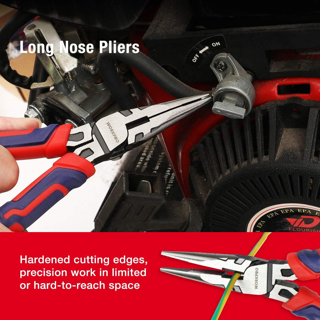 Pliers Set, Premium Cr-V Construction, Includes 6 Inch Slip Joint, Long Nose, Diagonal Cutting, 8 Inch Groove Joint