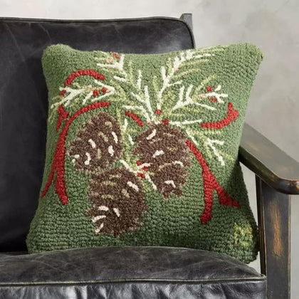 Pinecone Green Latch Hook Pillow Kit for Adults Throw Pillow Cover with Printed Canvas Crochet Hook Yarn Needle Craft