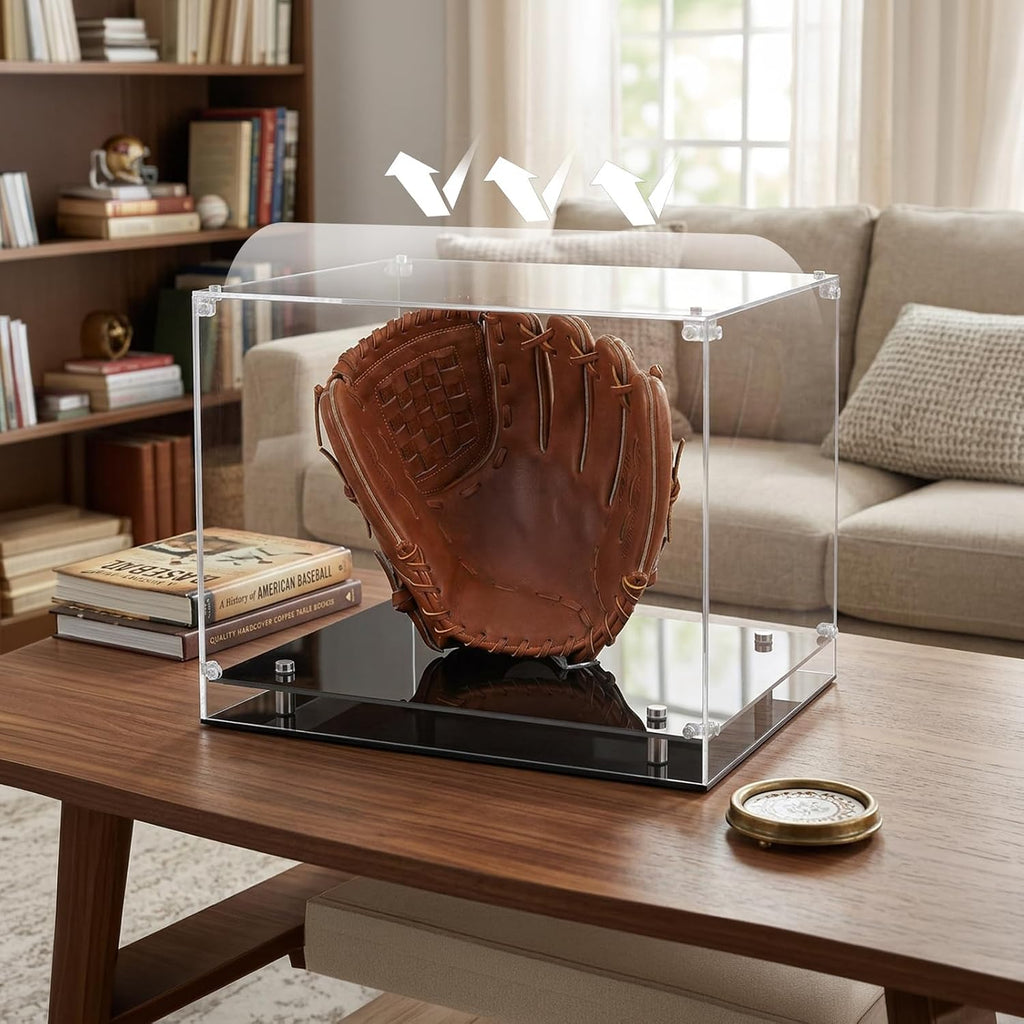 Baseball Glove Display Case with Gold Riser Stand and Black Base | Clear Acrylic Showcase for Baseball Gloves
