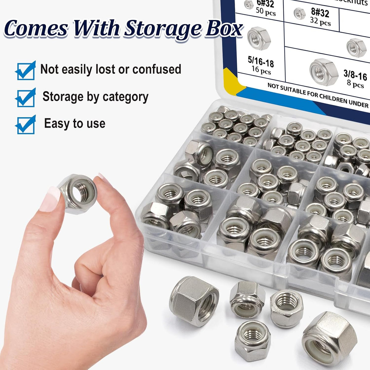 ZQZ 220Pcs SAE Stainless Nylon Lock Nuts Assortment Kit; #6-1/2 Locking Nut