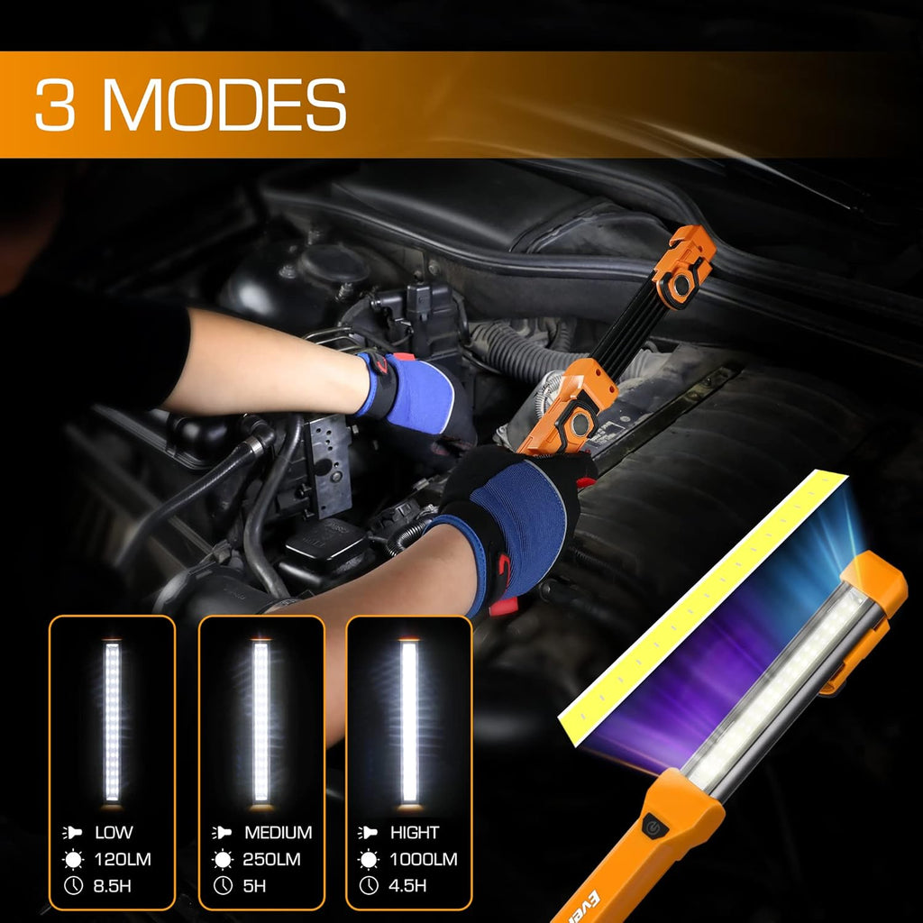 1000LM LED Work Light, Rechargeable Work Light for Mechanics with Dual Magnetic Bases&Hanging Hooks, 4 Lighting