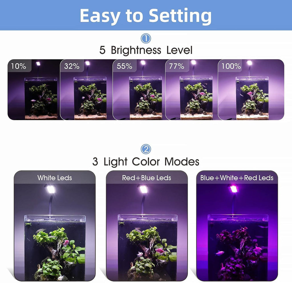0.5-5 Gallon Nano Tank Mini Clip-on Aquarium Light with White Blue Red LEDs Fish Tank Lighting Built-in Timer 5
