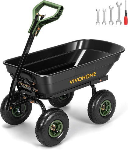 4 Cu.Ft 660lbs Wheelbarrow Garden Cart Dump Wagon with 2-in-1 Convertible Handle Attach to ATV or Tractor, 10" All