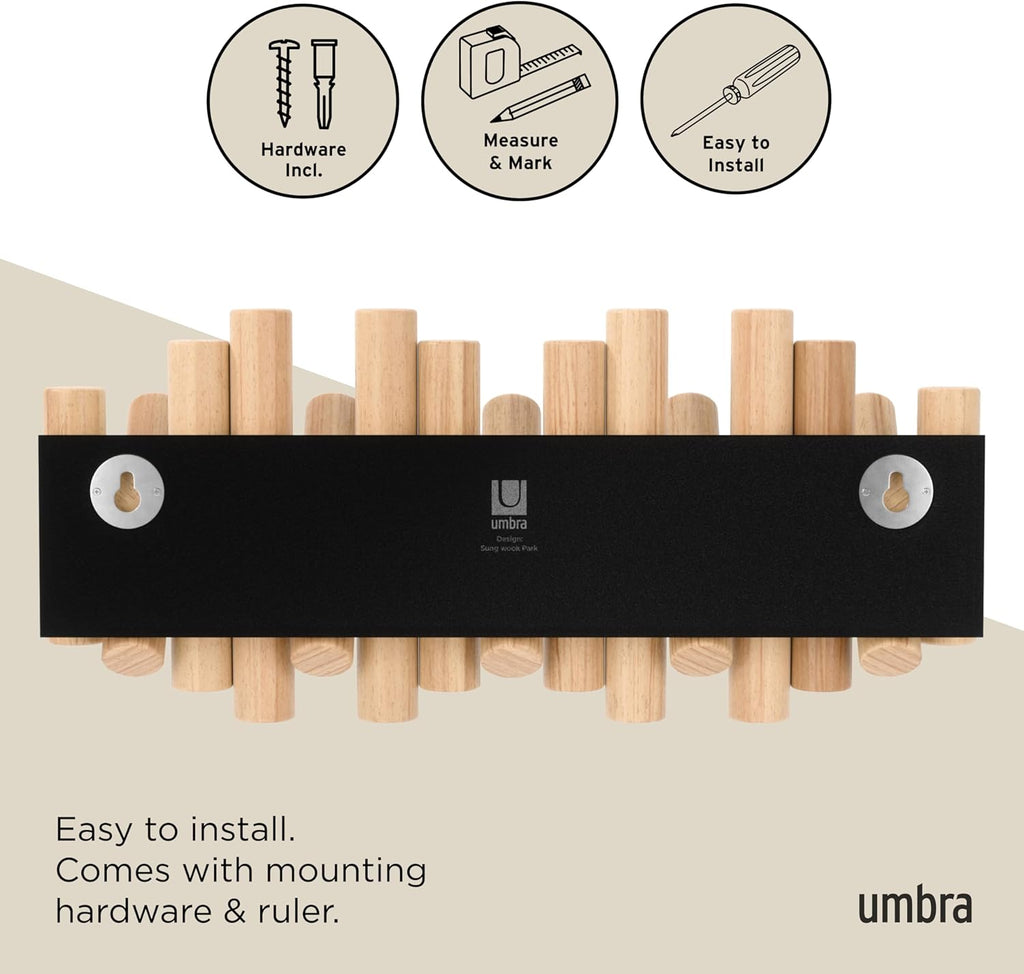 Picket Coat Rack Wall Mount – 5 Flip-Down Wood Coat Hooks, Modern & Functional Storage, Easy Install Wall Hooks, Natural