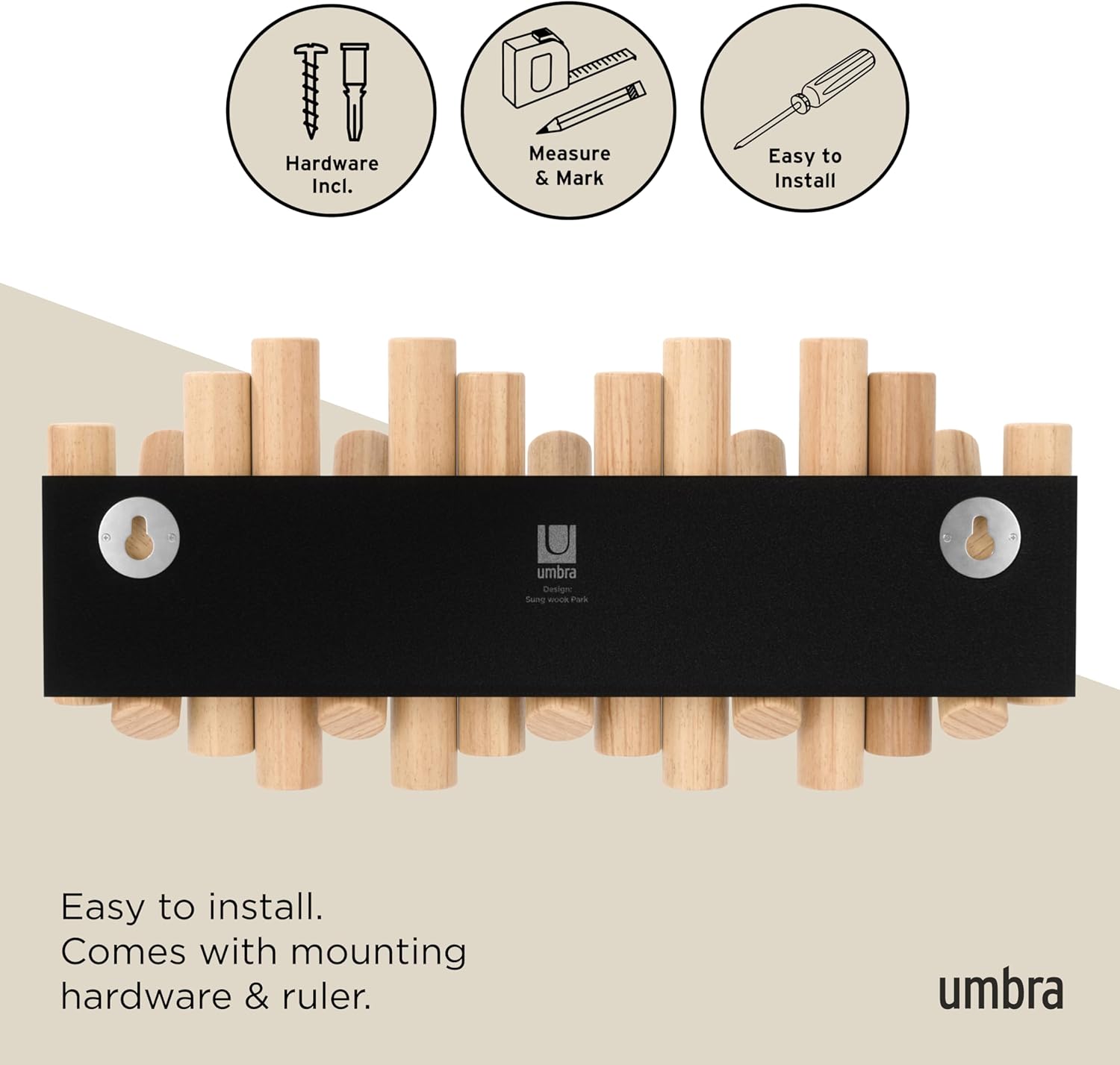 Picket Coat Rack Wall Mount – 5 Flip-Down Wood Coat Hooks, Modern & Functional Storage, Easy Install Wall Hooks, Natural