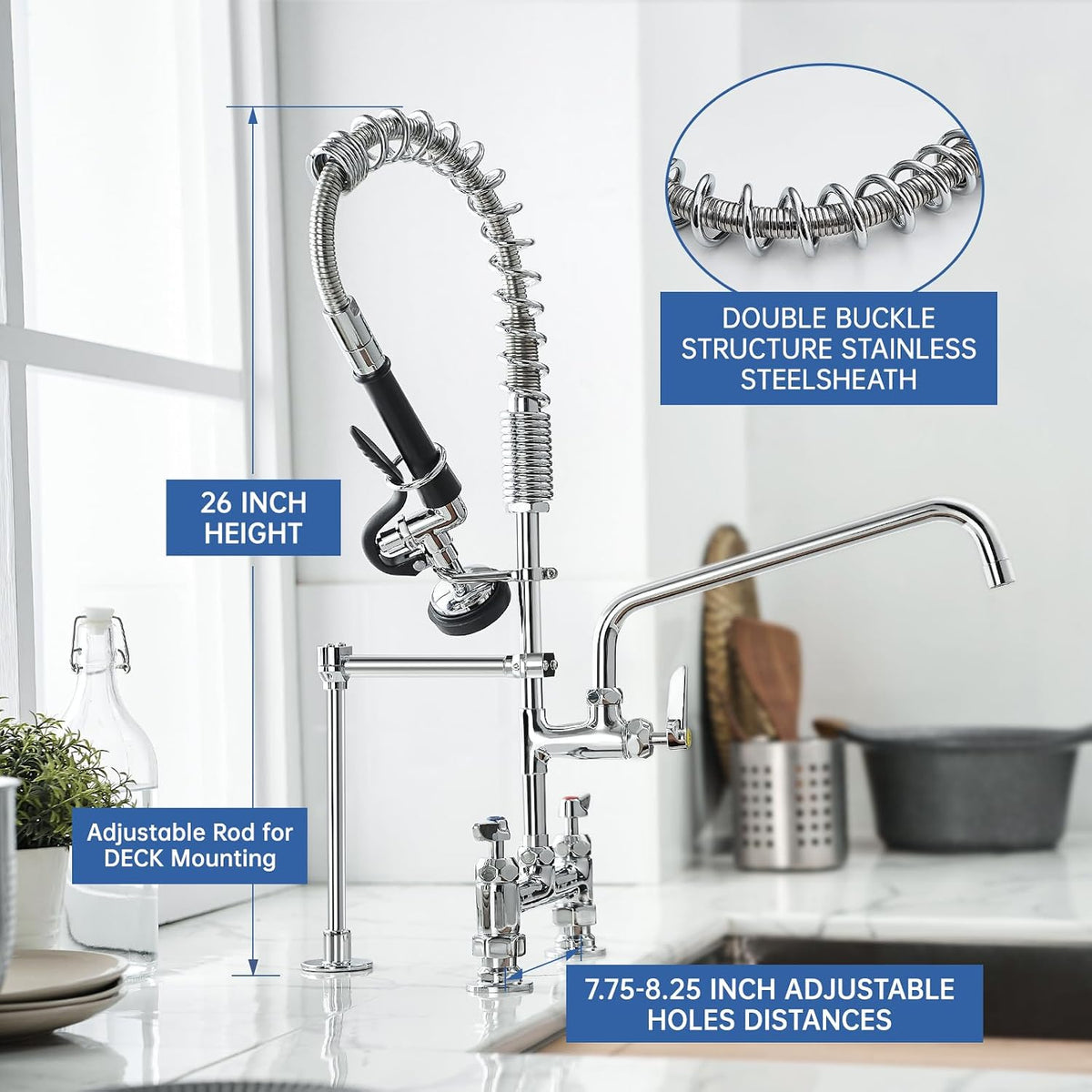 Commercial Kitchen Faucet,26 Inch 3 Compartment Sink Faucets Chrome