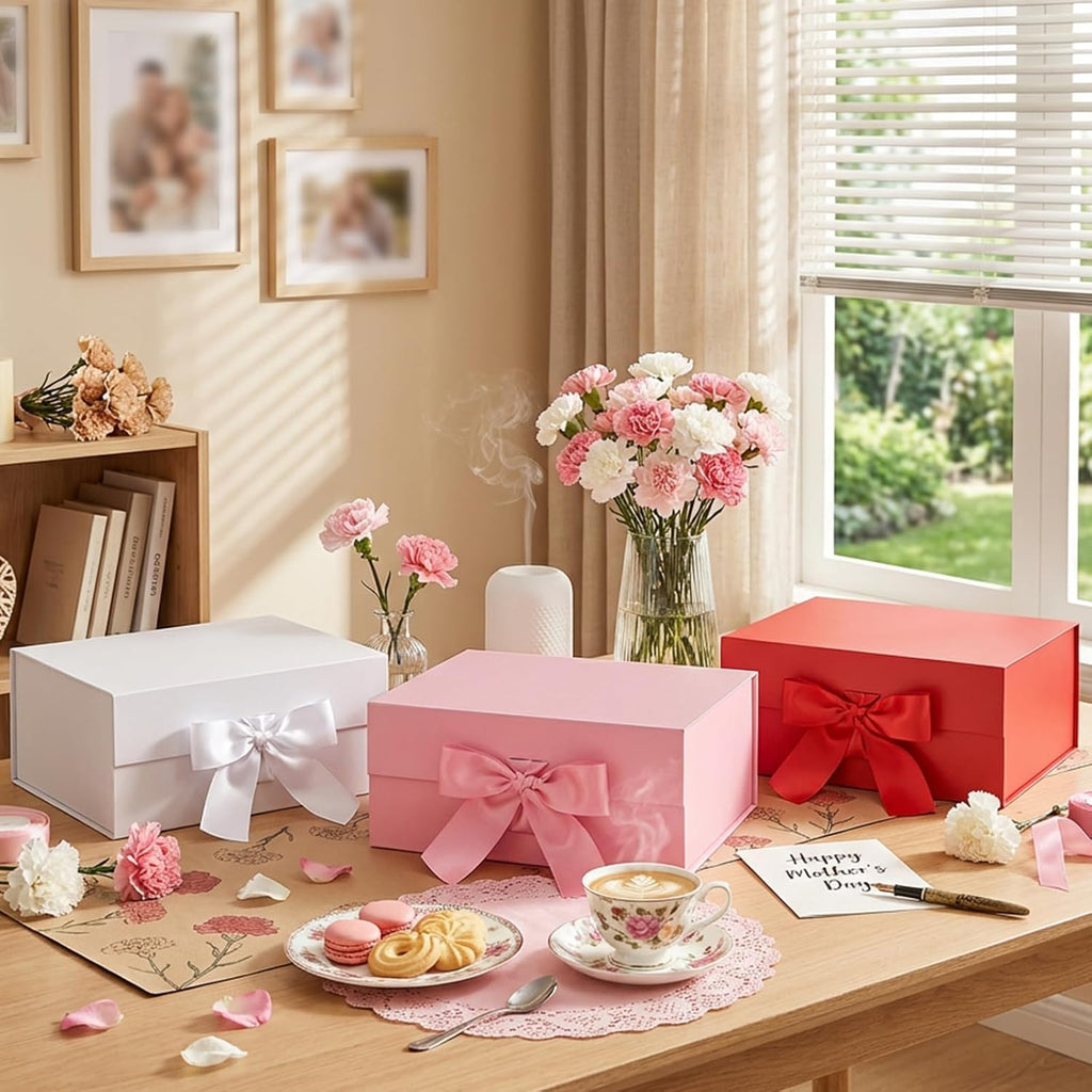 White Magnetic Gift Box with Lid and Ribbon 9x6.5x3.8 Inch