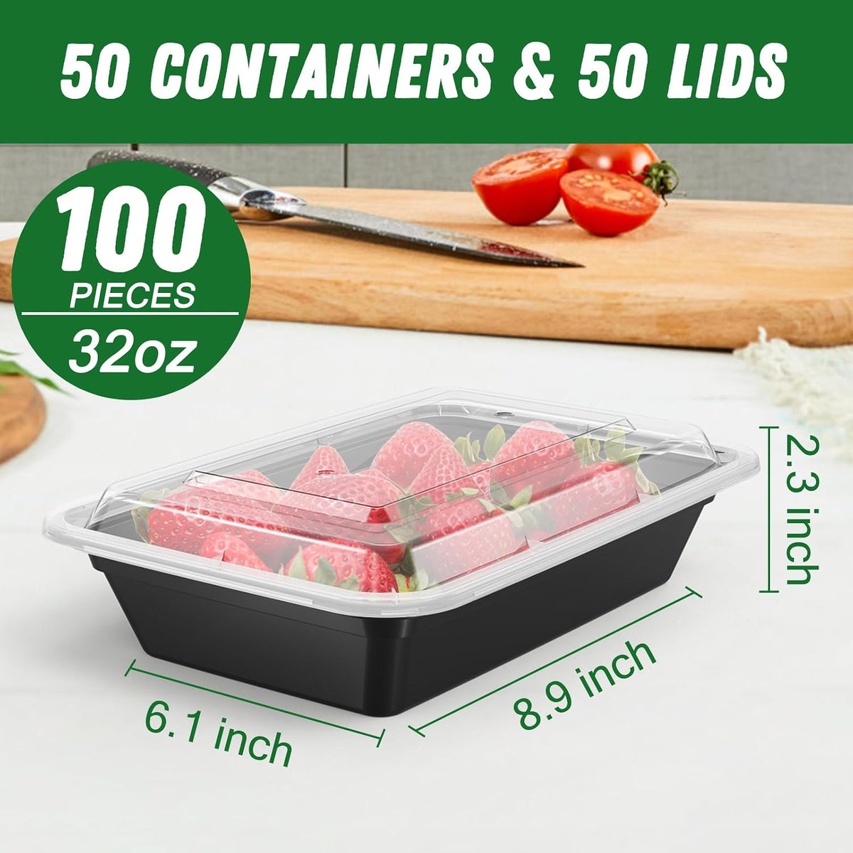 50 Pack (100-Piece) 32 oz Meal Prep Containers Reusable with Lids