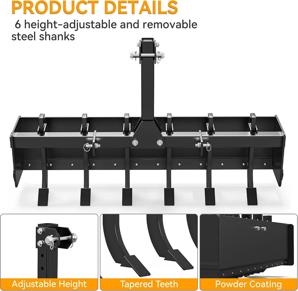 55" Three Point Box Scraper Heavy Duty Box Blade | Tractor Attachment for Category 0 & Category 1, with Adjustable