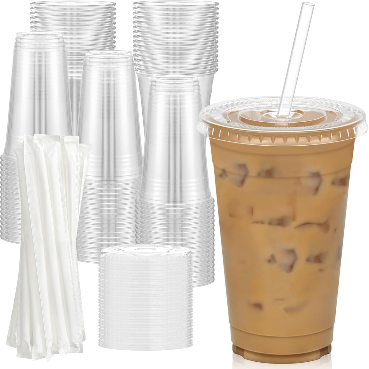 100 Pack - 20 oz Clear Plastic Cups with Lids and Straws