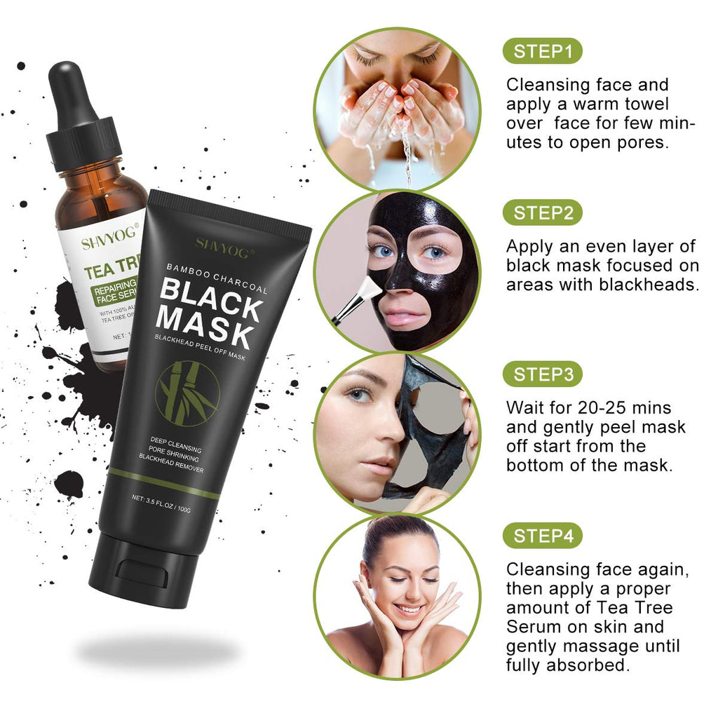 Blackhead Peel Off Face Mask, SHVYOG 3-in-1 Blackhead Remover Mask with Brush & Tea Tree Oil Serum, Charcoal Face