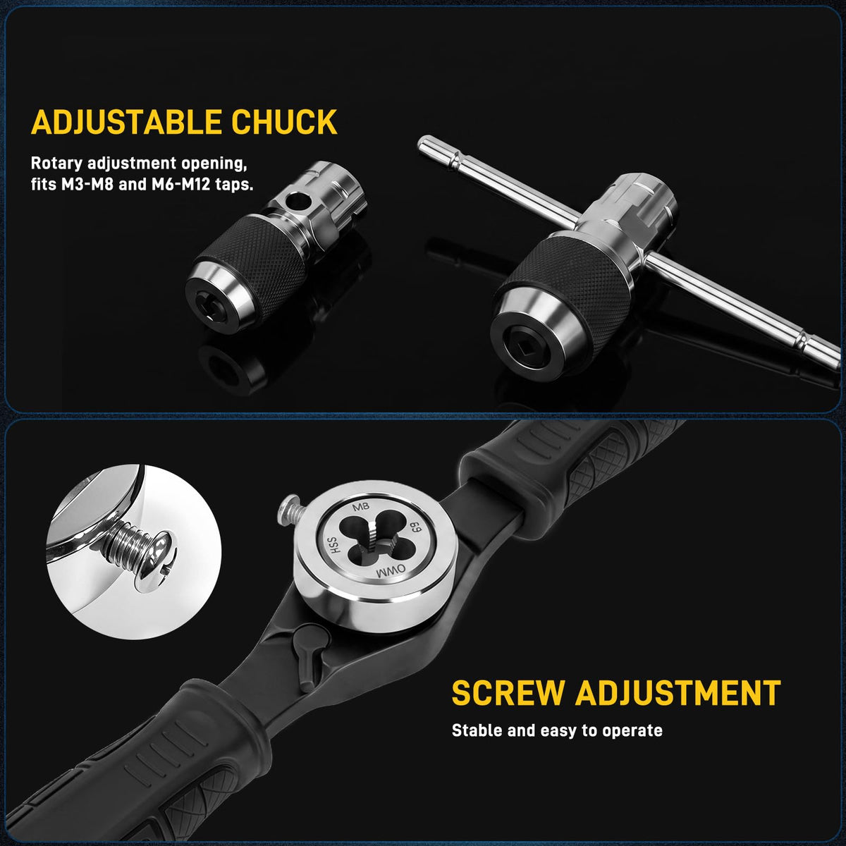 YIYEIE 8PC Ratcheting Tap Handle, 2-IN-1 Extendable Tap Wrench & Die Handle