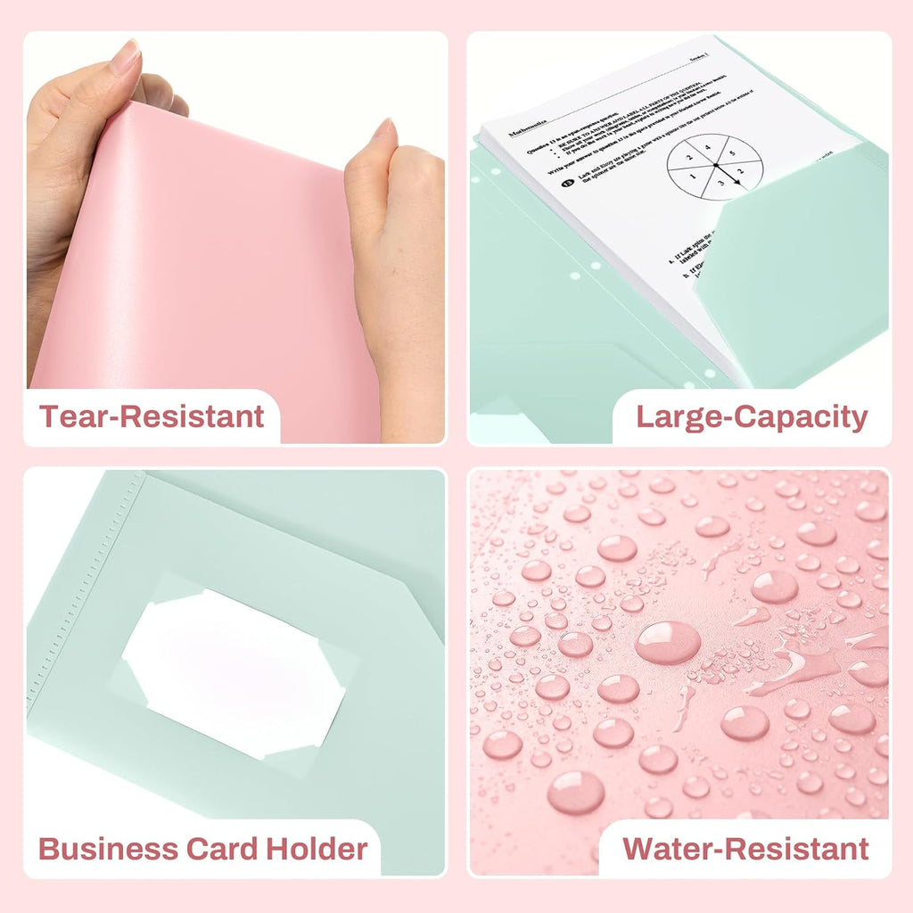 3 Hole Pocket Folders (6 Pack, Pastel Color), Plastic Pocket Folders for 3 Ring Binder, 3-Hole Punched Folder with