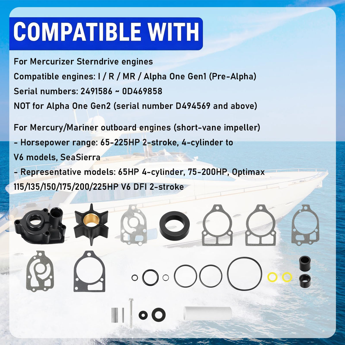 96148A8 Water Pump Impeller Kit for MerCruiser Alpha 1 Gen 1 Stern Drives