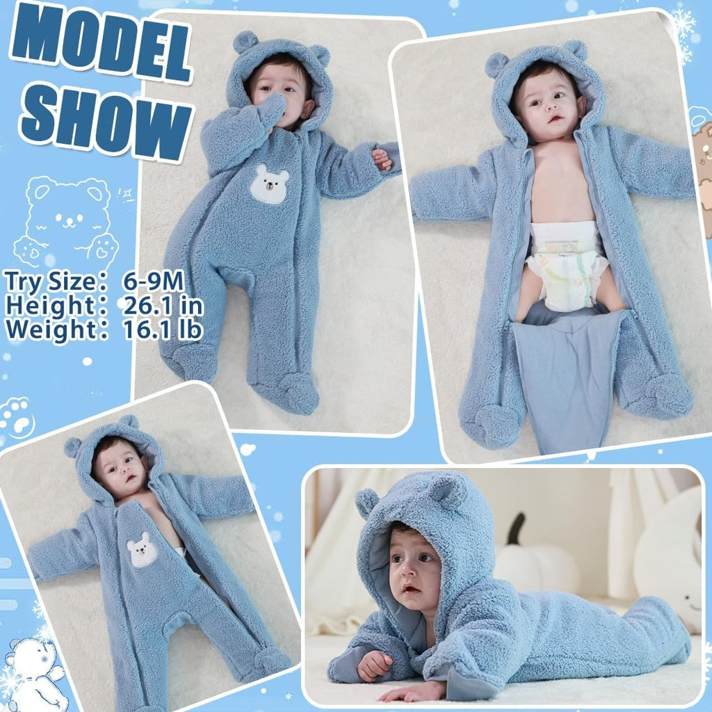 Newborn Baby Winter Snowsuit Bear Thick Romper Footie Double Zip Hooded Jumpsuit Fleece Coat Infant Boy Girl 0-12M