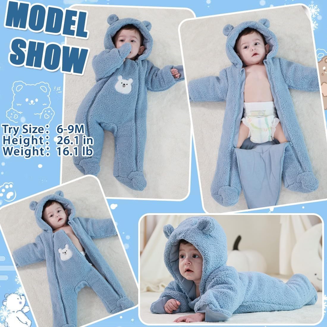 Newborn Baby Winter Snowsuit Bear Thick Romper Footie Double Zip Hooded Jumpsuit Fleece Coat Infant Boy Girl 0-12M
