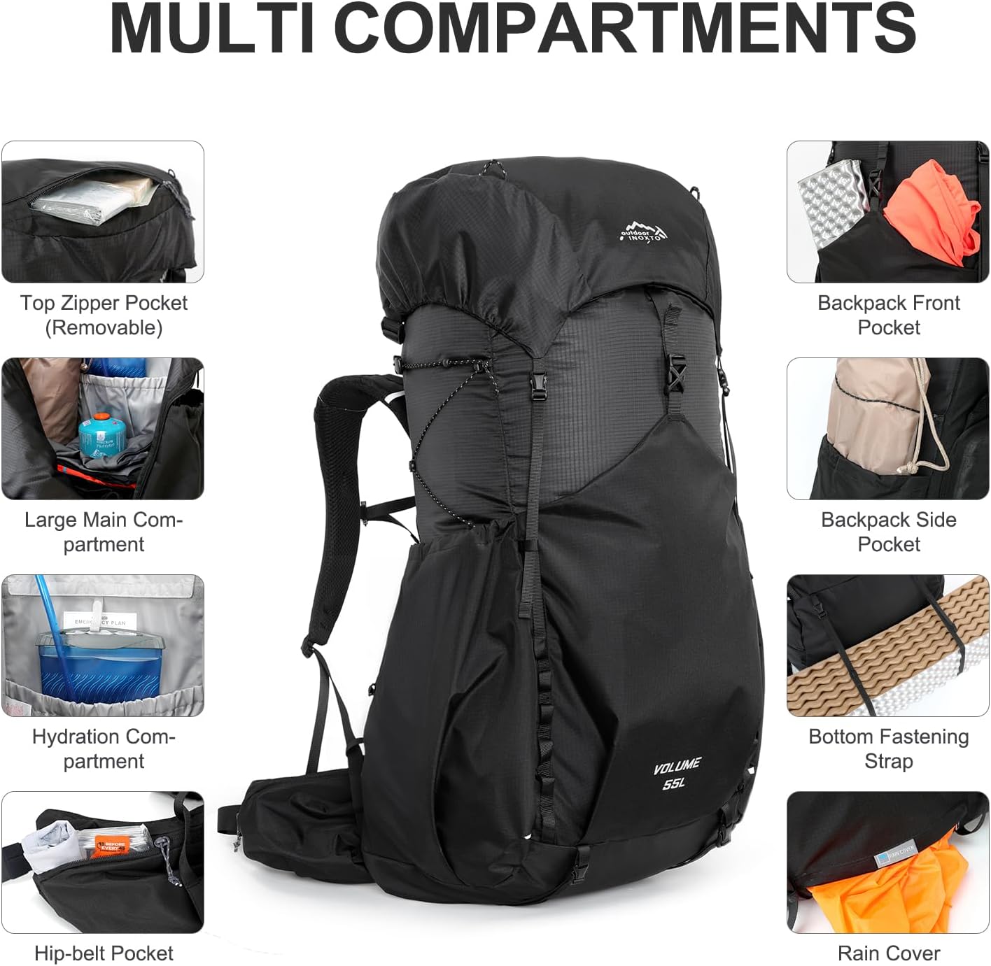55L Internal Frame Waterproof Hiking Camping Backpack with 3L Water Bladder and Rain Cover, Large Lightweight Travel