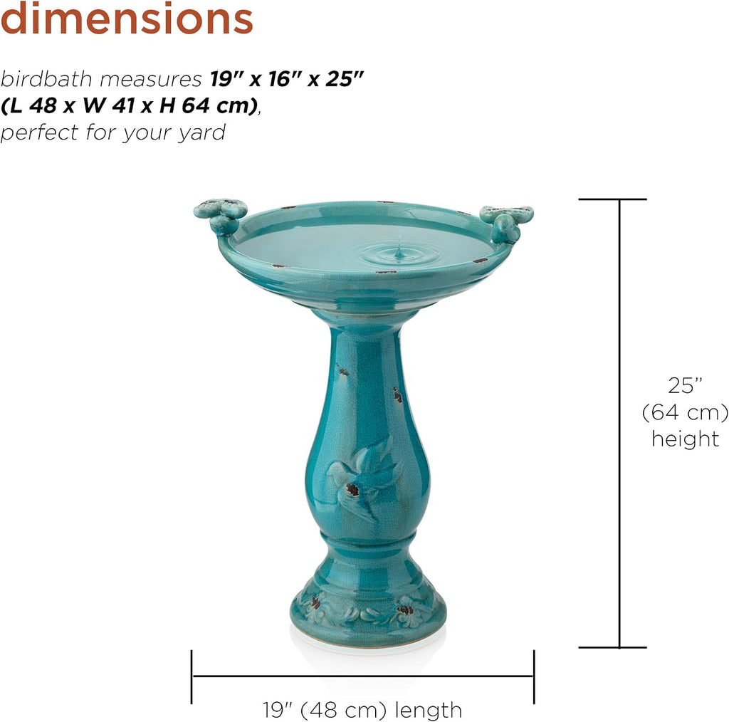 25" Tall Outdoor Ceramic Antique Pedestal Birdbath with 2 Bird Figurines, Turquoise