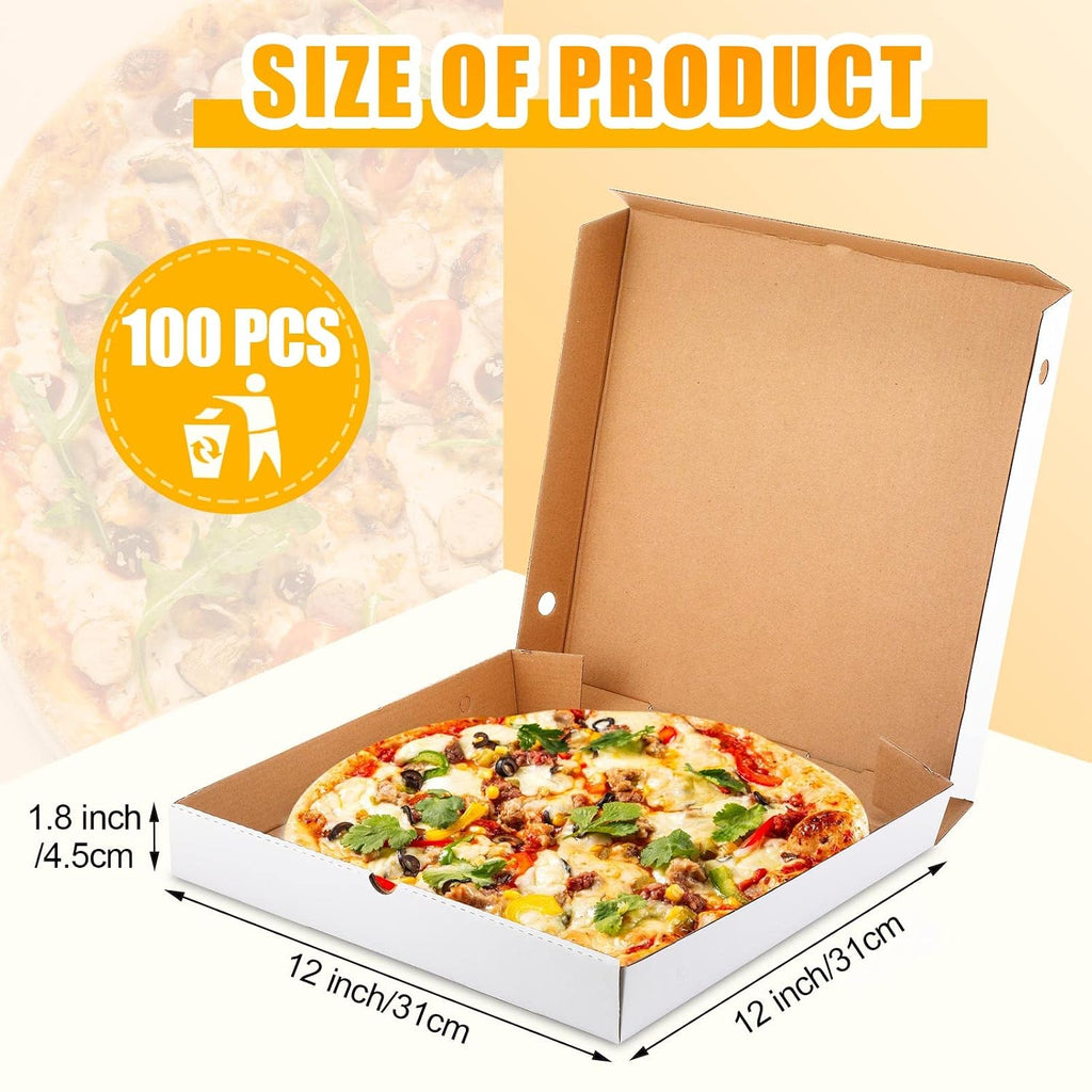 100 Pcs Pizza Boxes Bulk Cardboard Square, White and Kraft, 12 Inch