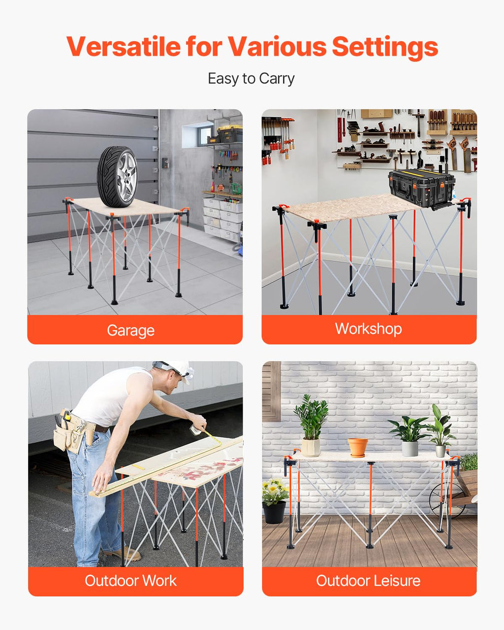 Portable Folding Workstand, 4.15 x 2.18 ft Collapsible Workbench, 2500 lbs Weight Capacity, No Assembly Foldable Work