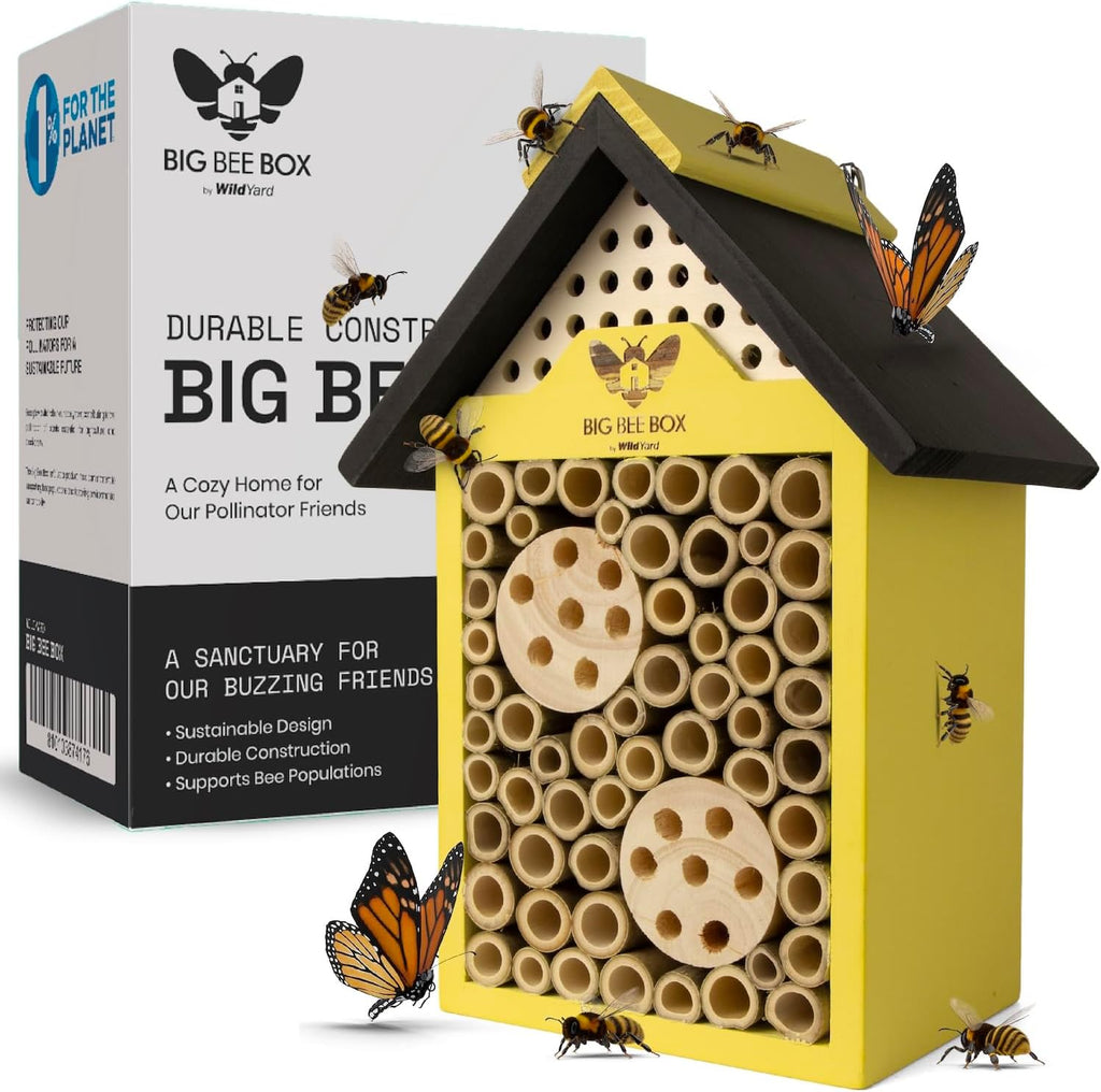 Bee House for Garden - Yellow with Nesting Tubes, Easy Mount