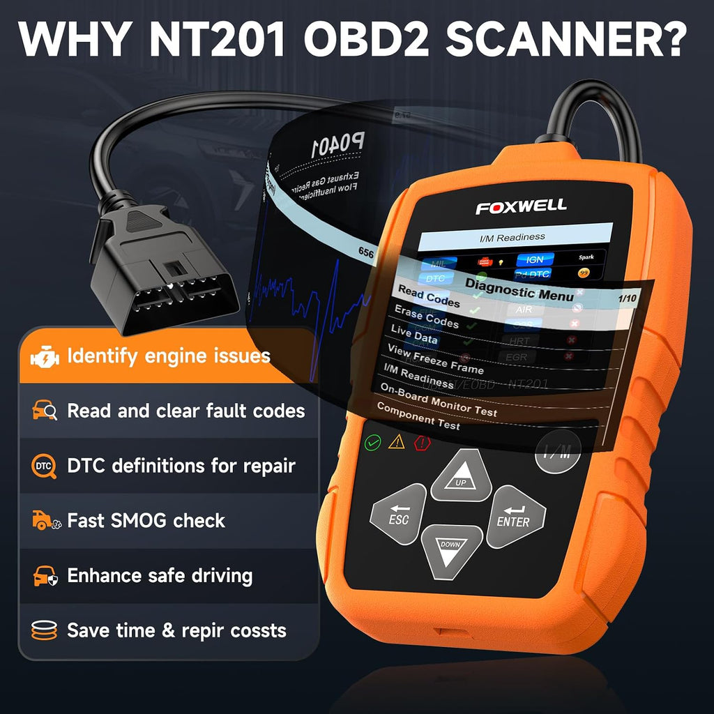 NT201 OBD2 Scanner Code Reader for Cars and Trucks - Reset Check Engine Light, Read and Clear Fault Codes, Live Data