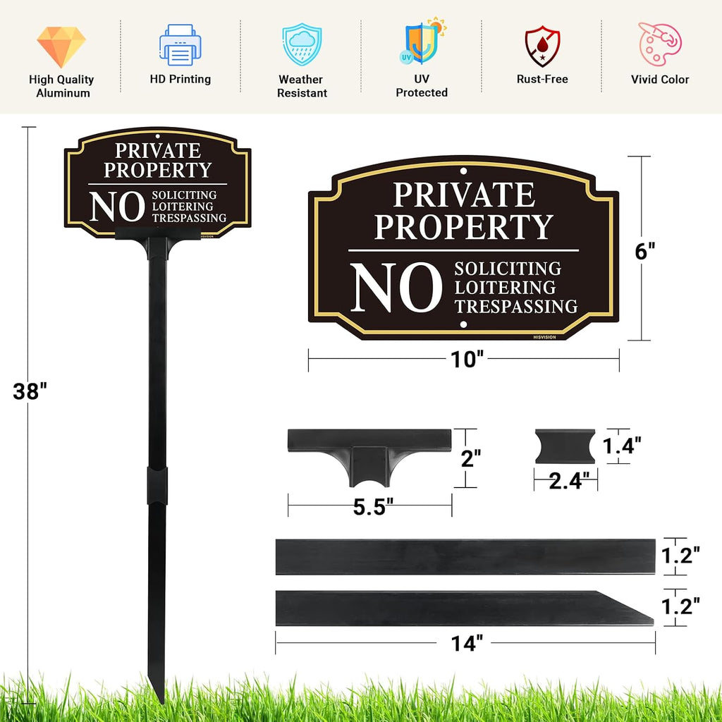 Private Property No Trespassing Sign With Adjustable Height Stake Set | No Soliciting Sign for House,10"x6" /38"