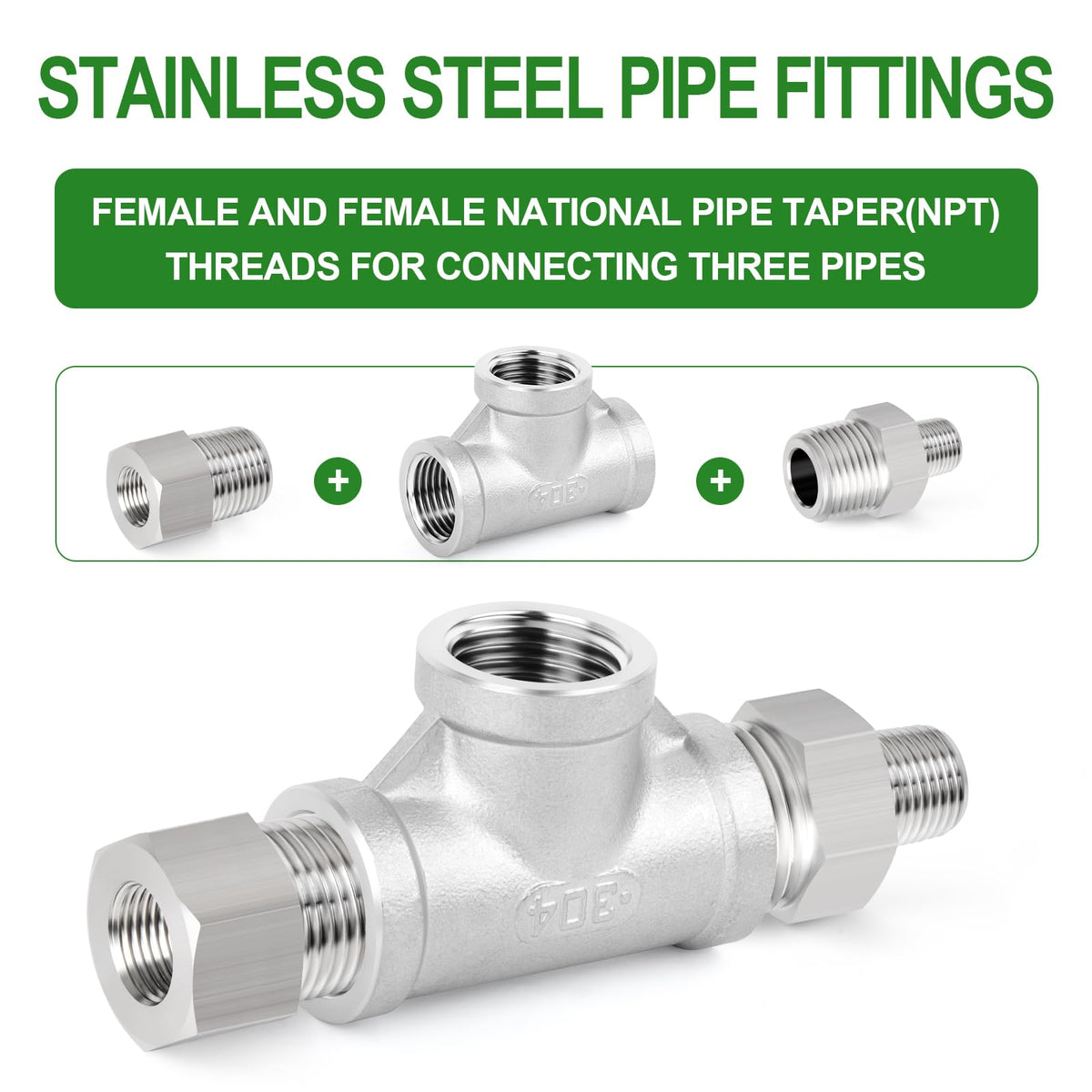 TAISHER 5pcs 304 SS Tee Pipe Fitting, 1-1/4" NPT Female 3 Way Connectors