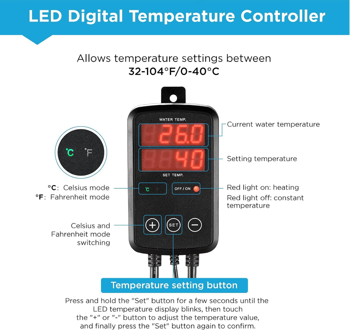 Titanium Aquarium Heater 800W, Submersible Fish Tank Heater with Digital Display Temperature Controller, 0℃-40℃