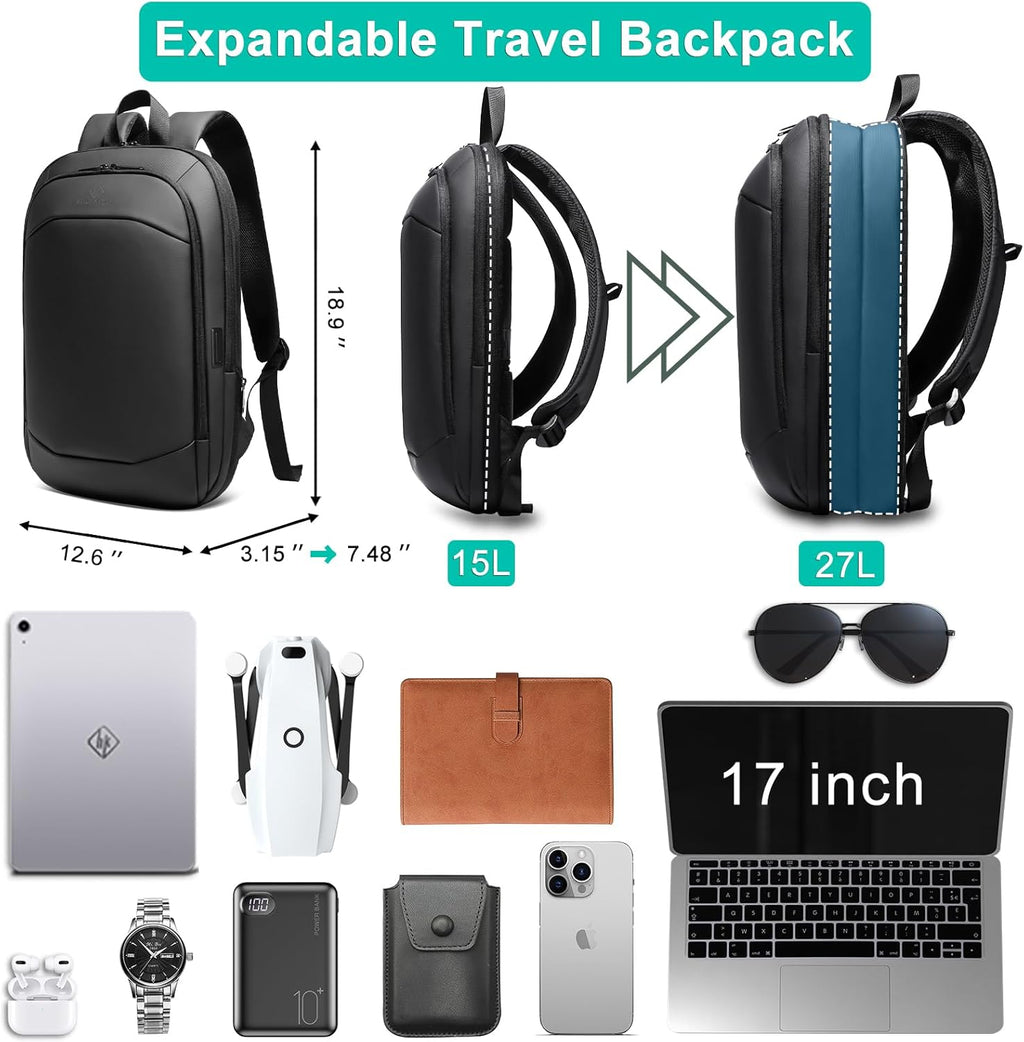 Business Backpack for Men 17 Inch,Slim & Expandable Waterproof Travel Laptop Backpack with USB Charger