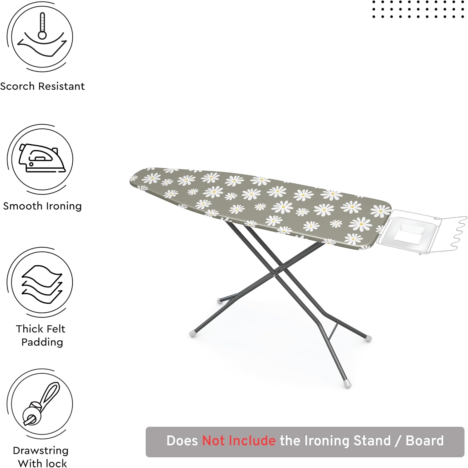 Ironing Board Cover and Pad, Thick Felt 42"x14" | Daisy Grey, 100% Cotton Surface | Scorch & Stain Resistant | Heavy