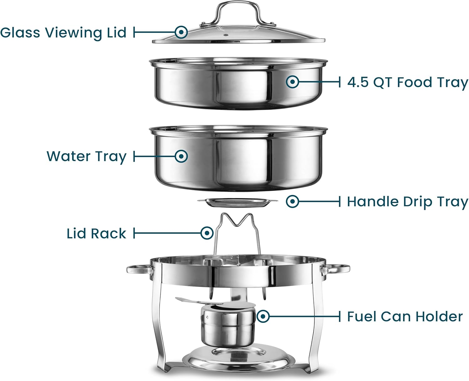 Chafing Dish for Buffet Set, by Kook, Catering Food Warmers, Round Dishes, Warmer Tray, Stainless Steel with Glass