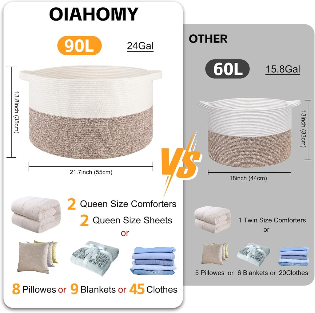 90L XXXLarge Blanket Basket for Living Room, 21.7" x 13.8" Woven Cotton Rope Laundry Basket for Organizing Pillows